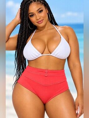 Freya Coral-red With White Stitching High-Waist Bikini Bottoms